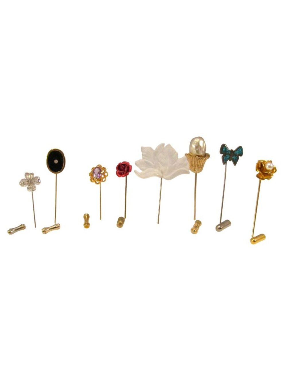 Lot of 8 Vintage Stick Pins Assorted Styles & Colors 2 Signed Crown Trifari
